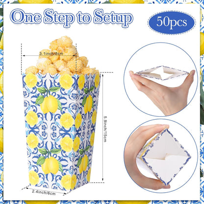 50 Pcs Capri Lemon Popcorn Boxes 6 x 2.4 in Blue Tiles Yellow Lemon Popcorn Bucket for Party Favor Disposable Paper Candy Snack Container for Birthday Wedding Baby Shower Summer Party Supplies