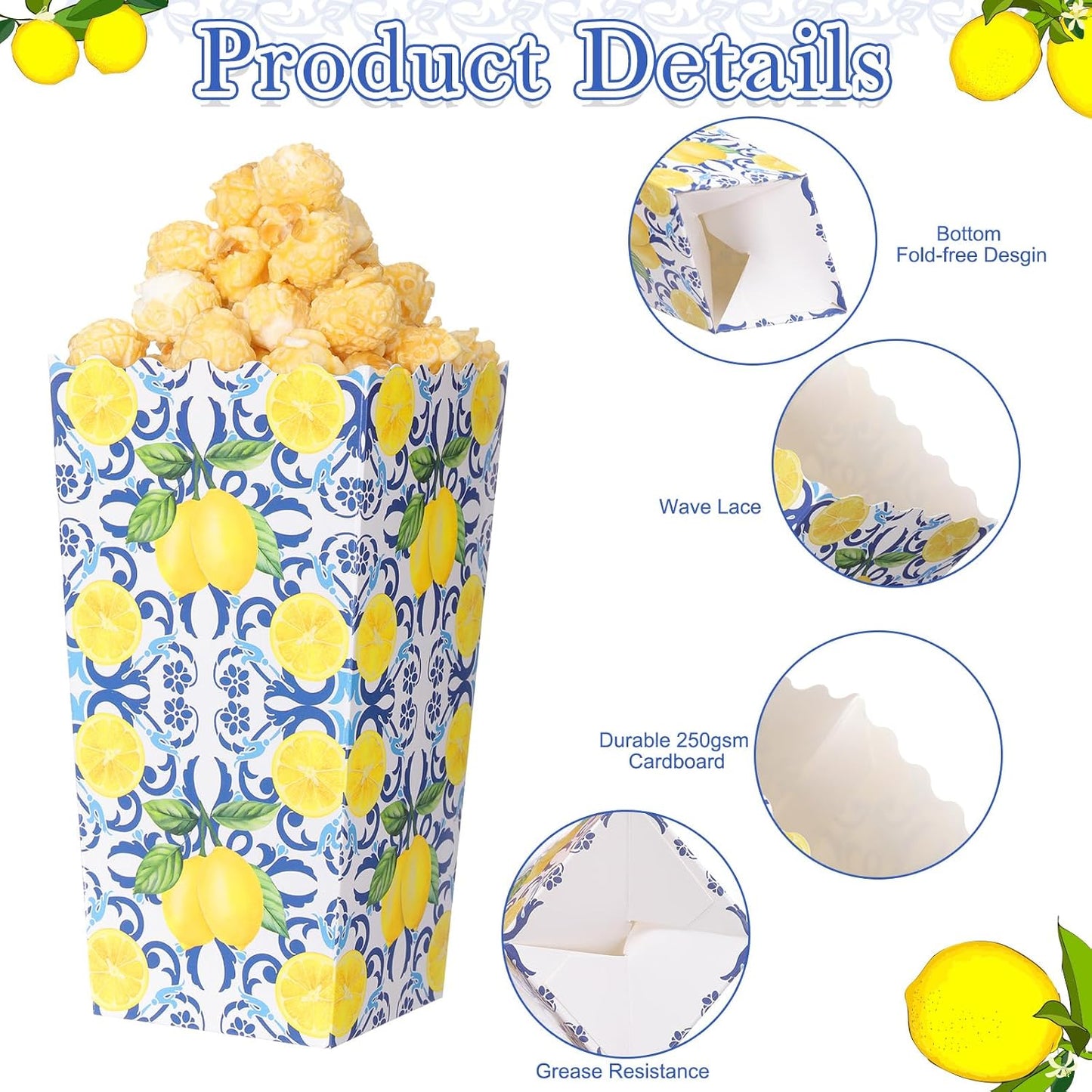50 Pcs Capri Lemon Popcorn Boxes 6 x 2.4 in Blue Tiles Yellow Lemon Popcorn Bucket for Party Favor Disposable Paper Candy Snack Container for Birthday Wedding Baby Shower Summer Party Supplies