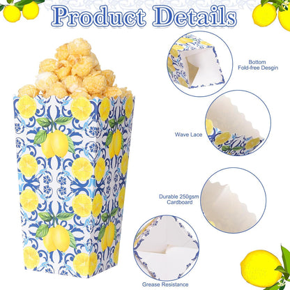 50 Pcs Capri Lemon Popcorn Boxes 6 x 2.4 in Blue Tiles Yellow Lemon Popcorn Bucket for Party Favor Disposable Paper Candy Snack Container for Birthday Wedding Baby Shower Summer Party Supplies