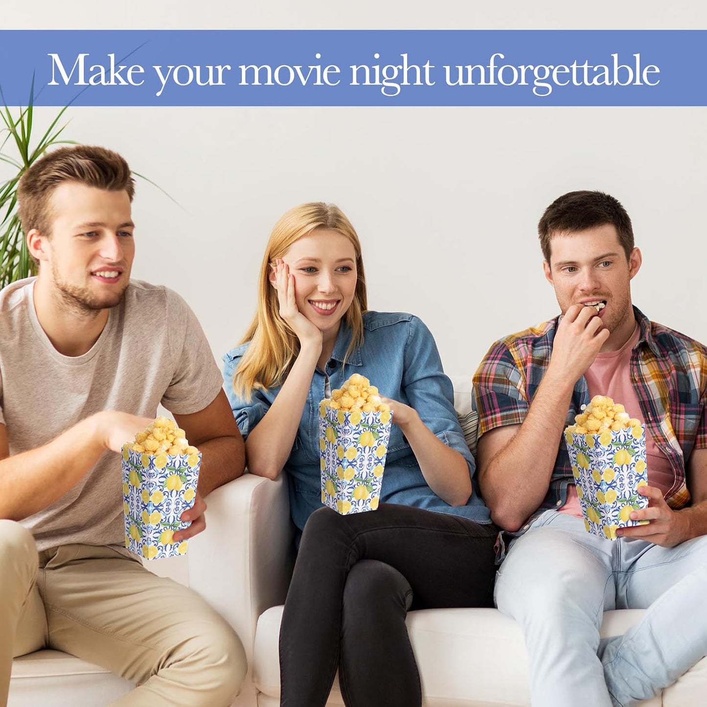 50 Pcs Capri Lemon Popcorn Boxes 6 x 2.4 in Blue Tiles Yellow Lemon Popcorn Bucket for Party Favor Disposable Paper Candy Snack Container for Birthday Wedding Baby Shower Summer Party Supplies