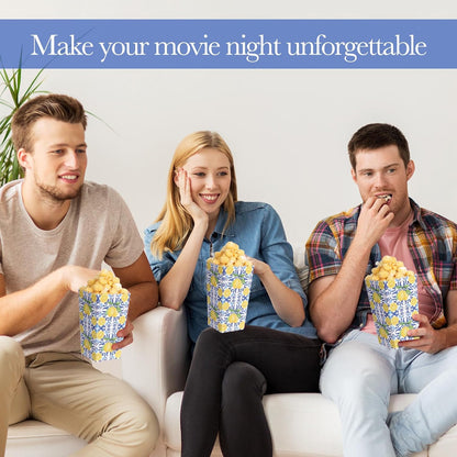 50 Pcs Capri Lemon Popcorn Boxes 6 x 2.4 in Blue Tiles Yellow Lemon Popcorn Bucket for Party Favor Disposable Paper Candy Snack Container for Birthday Wedding Baby Shower Summer Party Supplies