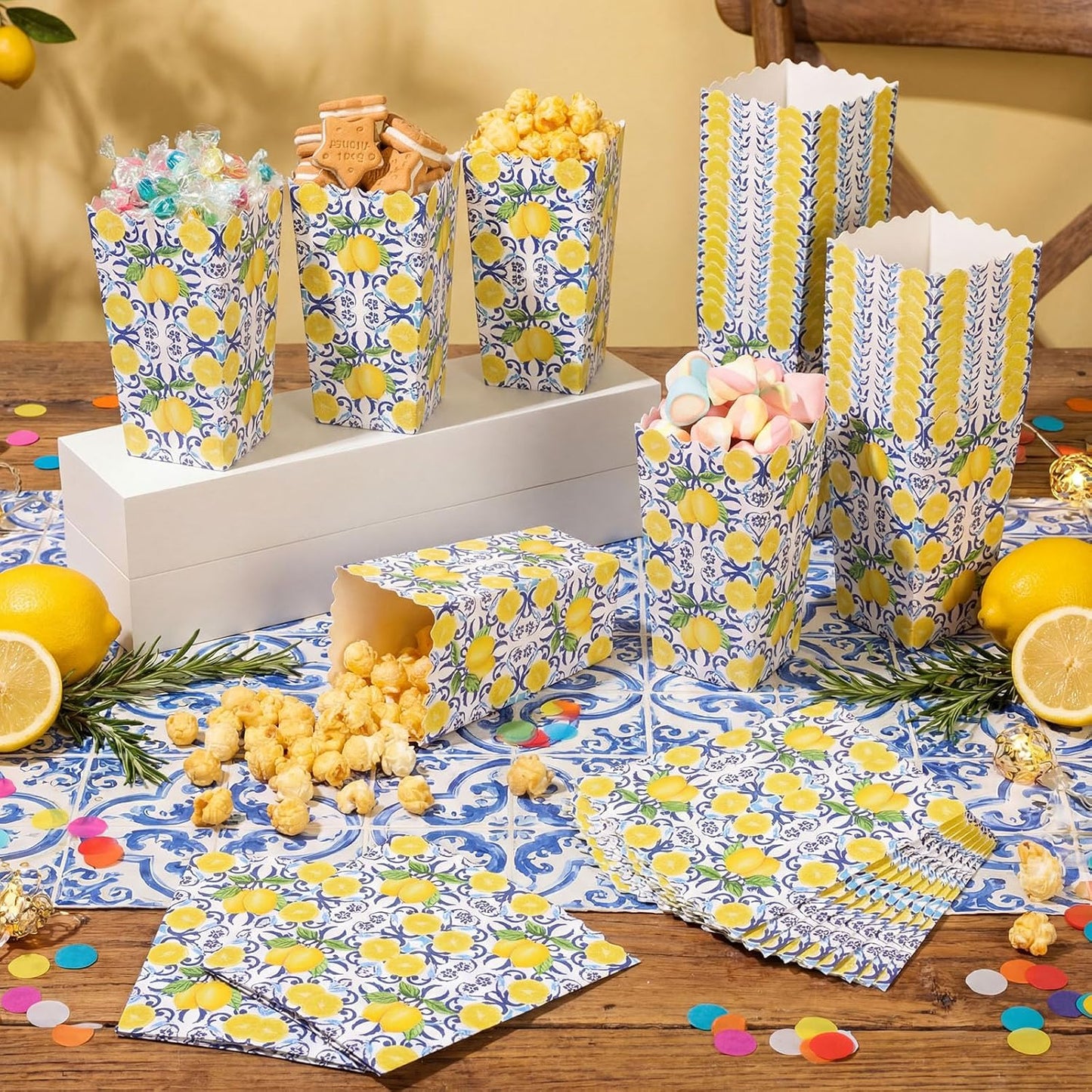 50 Pcs Capri Lemon Popcorn Boxes 6 x 2.4 in Blue Tiles Yellow Lemon Popcorn Bucket for Party Favor Disposable Paper Candy Snack Container for Birthday Wedding Baby Shower Summer Party Supplies