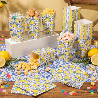 50 Pcs Capri Lemon Popcorn Boxes 6 x 2.4 in Blue Tiles Yellow Lemon Popcorn Bucket for Party Favor Disposable Paper Candy Snack Container for Birthday Wedding Baby Shower Summer Party Supplies