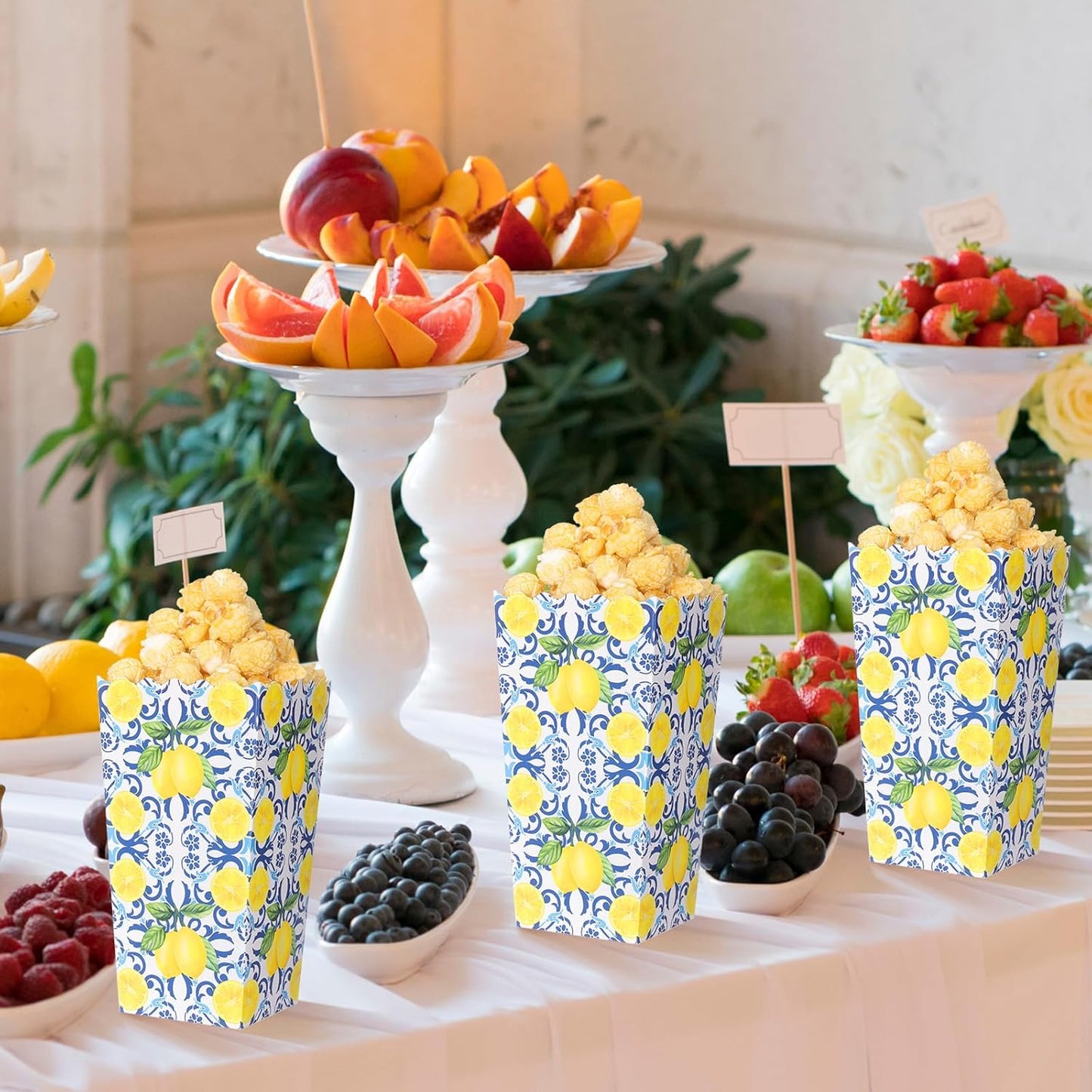 50 Pcs Capri Lemon Popcorn Boxes 6 x 2.4 in Blue Tiles Yellow Lemon Popcorn Bucket for Party Favor Disposable Paper Candy Snack Container for Birthday Wedding Baby Shower Summer Party Supplies