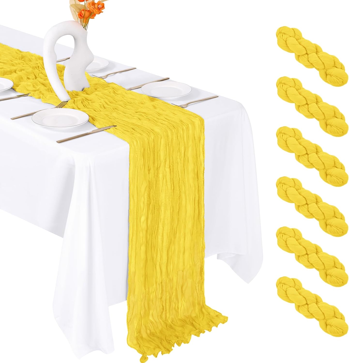 6 Pack Lemon Yellow Cheesecloth Table Runner 20 x 120 Inch Gauze Table Runner Fabric Semi Sheer Cheese Cloth Table Decor Bulk for Rustic Romantic Wedding Baby Shower Party Table Decoration