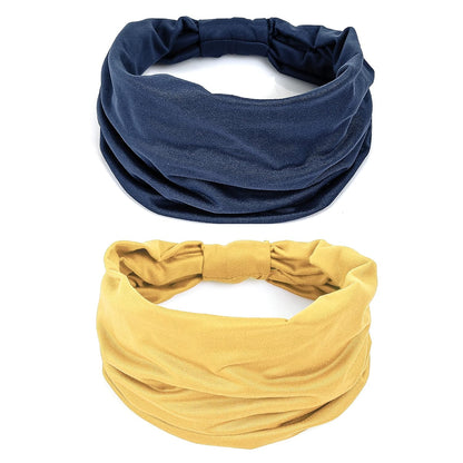 2 Pack Wide Headbands for Women Boho African Knotted Non Slip Fashion Hair Bands Yoga Running Sports Workout Gym Head Wraps Elastic Soft Cotton Cloth Turbans Bandana for Girls(Yellow,Navy)