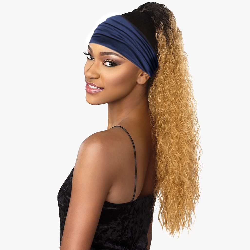 2 Pack Wide Headbands for Women Boho African Knotted Non Slip Fashion Hair Bands Yoga Running Sports Workout Gym Head Wraps Elastic Soft Cotton Cloth Turbans Bandana for Girls(Yellow,Navy)