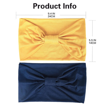 2 Pack Wide Headbands for Women Boho African Knotted Non Slip Fashion Hair Bands Yoga Running Sports Workout Gym Head Wraps Elastic Soft Cotton Cloth Turbans Bandana for Girls(Yellow,Navy)