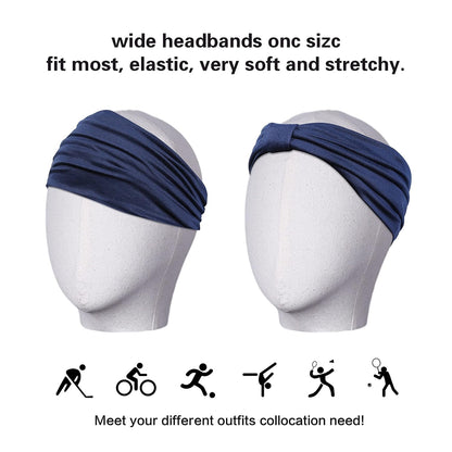 2 Pack Wide Headbands for Women Boho African Knotted Non Slip Fashion Hair Bands Yoga Running Sports Workout Gym Head Wraps Elastic Soft Cotton Cloth Turbans Bandana for Girls(Yellow,Navy)