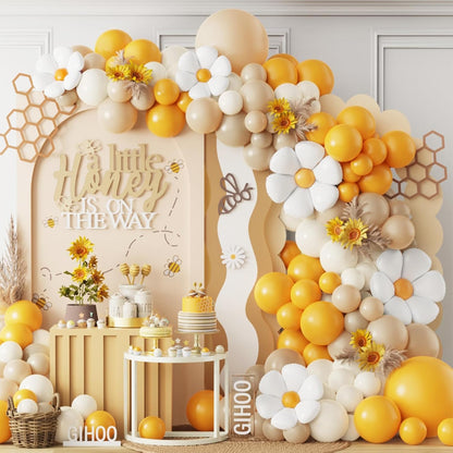 141pcs Bee Balloon Garland Arch Kit for Bride to Bee Theme Party Decoration | Brown Mustard Yellow White Balloons with Flower Daisy Mylar Balloon for Bridal Shower A Little Honey is on the Way Party