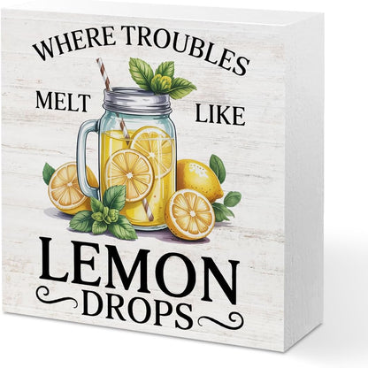 Lemon Themed Gifts Wood Box Sign, Lemon Decor for Shelf Home | Where Troubles Melt Like Lemon Drops, Lemon Rustic Woods Table Decorative Signs for Office Lemonade Bar Tabletop Decoration