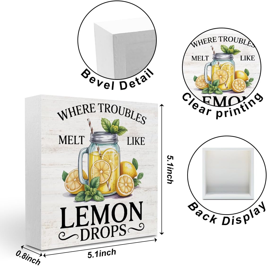 Lemon Themed Gifts Wood Box Sign, Lemon Decor for Shelf Home | Where Troubles Melt Like Lemon Drops, Lemon Rustic Woods Table Decorative Signs for Office Lemonade Bar Tabletop Decoration