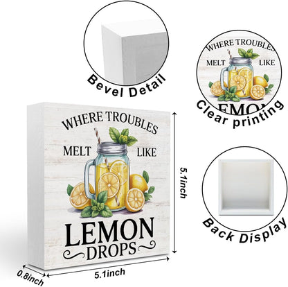Lemon Themed Gifts Wood Box Sign, Lemon Decor for Shelf Home | Where Troubles Melt Like Lemon Drops, Lemon Rustic Woods Table Decorative Signs for Office Lemonade Bar Tabletop Decoration