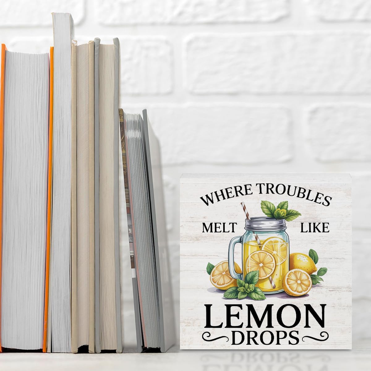 Lemon Themed Gifts Wood Box Sign, Lemon Decor for Shelf Home | Where Troubles Melt Like Lemon Drops, Lemon Rustic Woods Table Decorative Signs for Office Lemonade Bar Tabletop Decoration