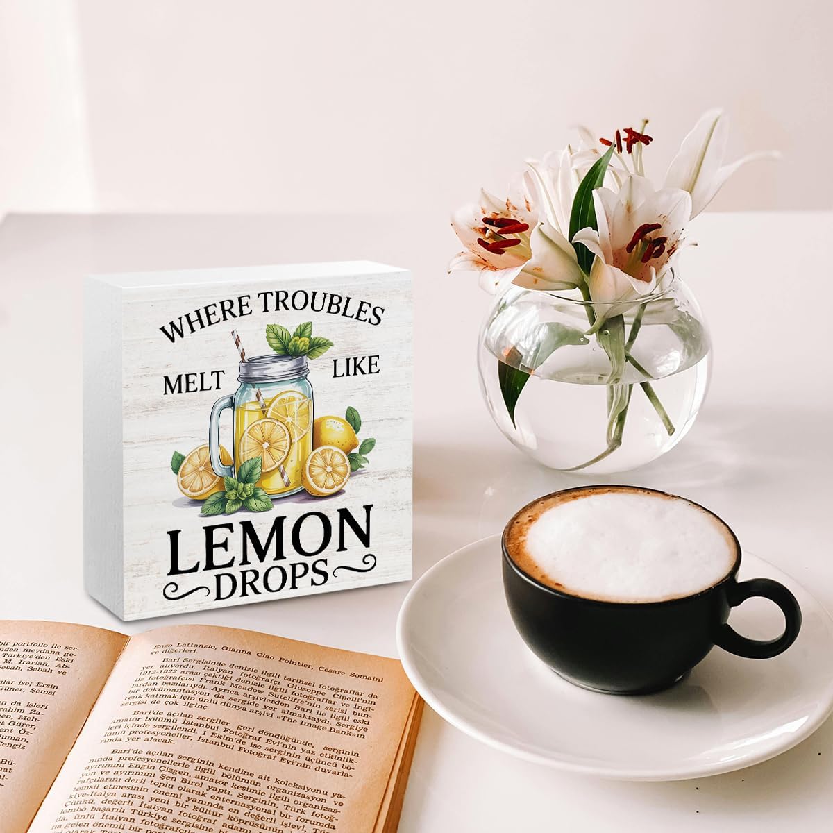 Lemon Themed Gifts Wood Box Sign, Lemon Decor for Shelf Home | Where Troubles Melt Like Lemon Drops, Lemon Rustic Woods Table Decorative Signs for Office Lemonade Bar Tabletop Decoration