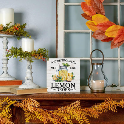 Lemon Themed Gifts Wood Box Sign, Lemon Decor for Shelf Home | Where Troubles Melt Like Lemon Drops, Lemon Rustic Woods Table Decorative Signs for Office Lemonade Bar Tabletop Decoration