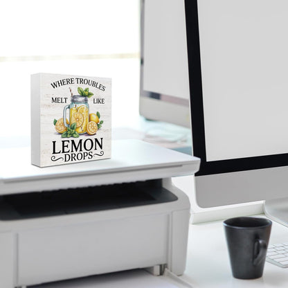 Lemon Themed Gifts Wood Box Sign, Lemon Decor for Shelf Home | Where Troubles Melt Like Lemon Drops, Lemon Rustic Woods Table Decorative Signs for Office Lemonade Bar Tabletop Decoration