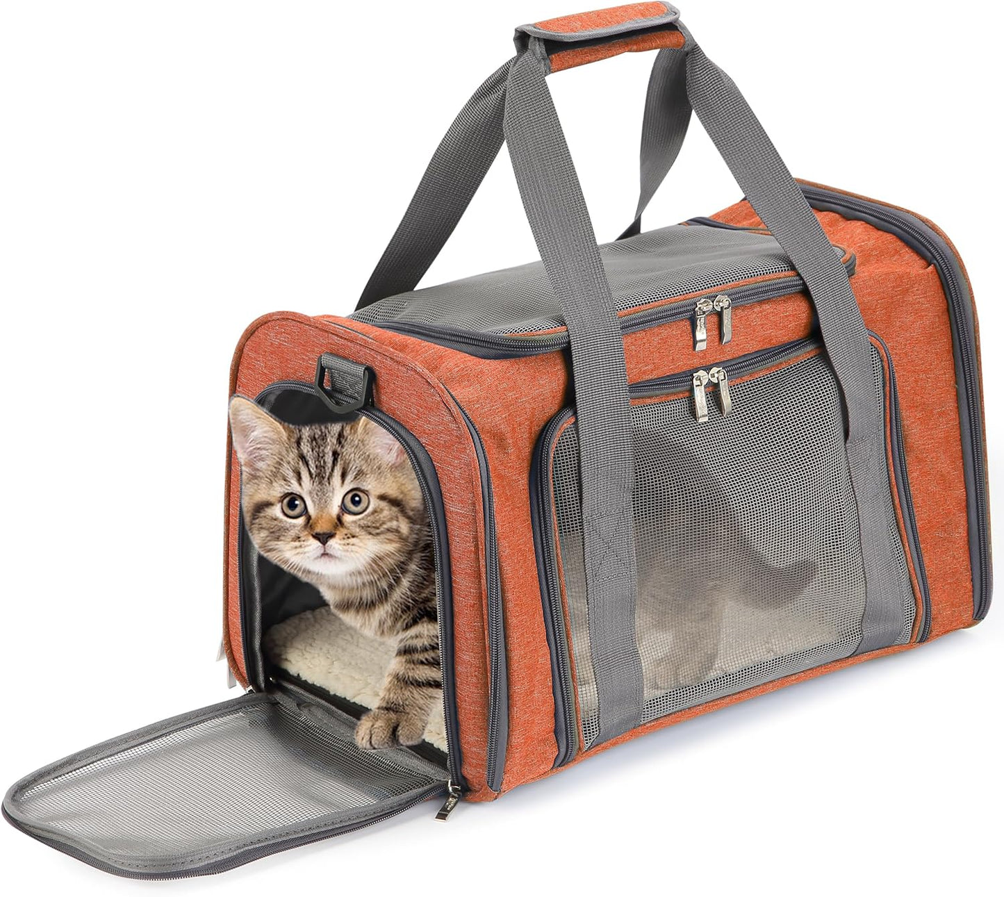 Pet Carrier, 17.5" x 11.2" x 11.5", Medium Size, Orange | Portable Travel Carrier for Small Pets, Cats & Small Dogs, Breathable Mesh, Safety Inner Leash