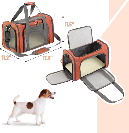 Pet Carrier, 17.5" x 11.2" x 11.5", Medium Size, Orange | Portable Travel Carrier for Small Pets, Cats & Small Dogs, Breathable Mesh, Safety Inner Leash