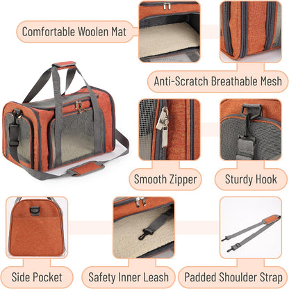 Pet Carrier, 17.5" x 11.2" x 11.5", Medium Size, Orange | Portable Travel Carrier for Small Pets, Cats & Small Dogs, Breathable Mesh, Safety Inner Leash