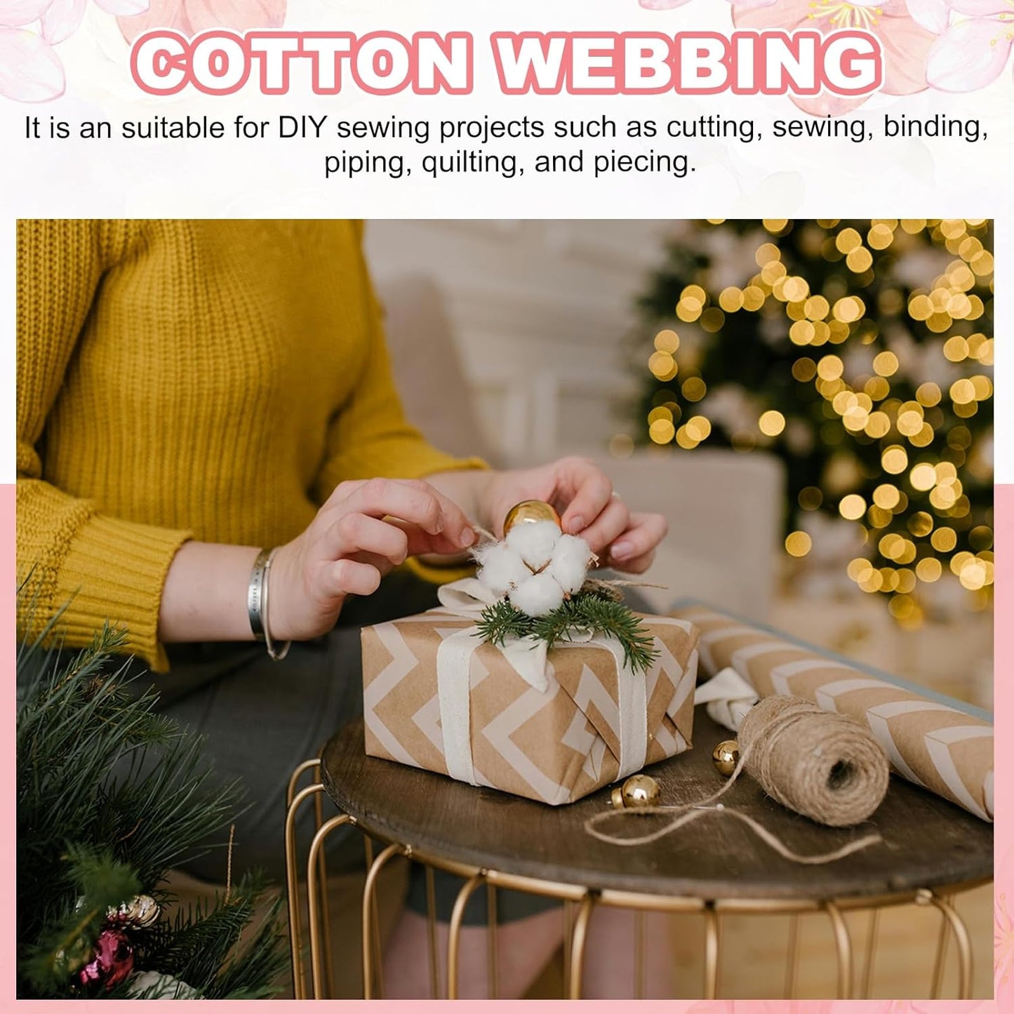 Cotton Twill Tape, 1 Inch 10 Yards Cotton Ribbon Bias Binding Tape Trim Webbing Straps for Sewing DIY Crafts Gift Wrapping, Yellow