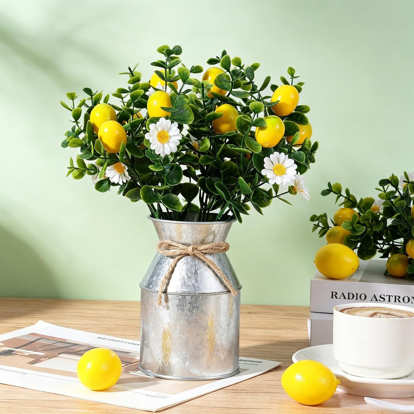 6 Sets Artificial Potted Lemon Decor Centerpieces for Tables Artificial Lemon Daisy Plants and Vase with Twine Farmhouse Decor for Summer Home Party Wedding Decor