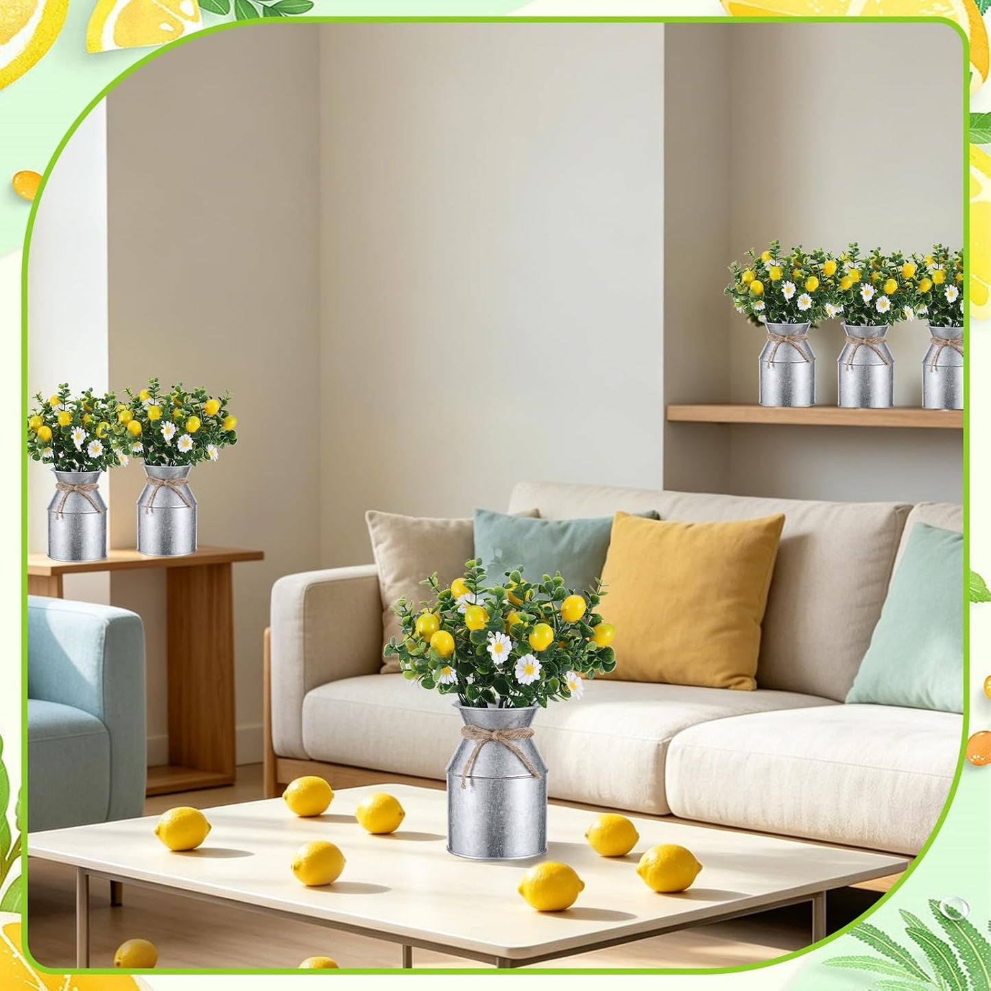6 Sets Artificial Potted Lemon Decor Centerpieces for Tables Artificial Lemon Daisy Plants and Vase with Twine Farmhouse Decor for Summer Home Party Wedding Decor