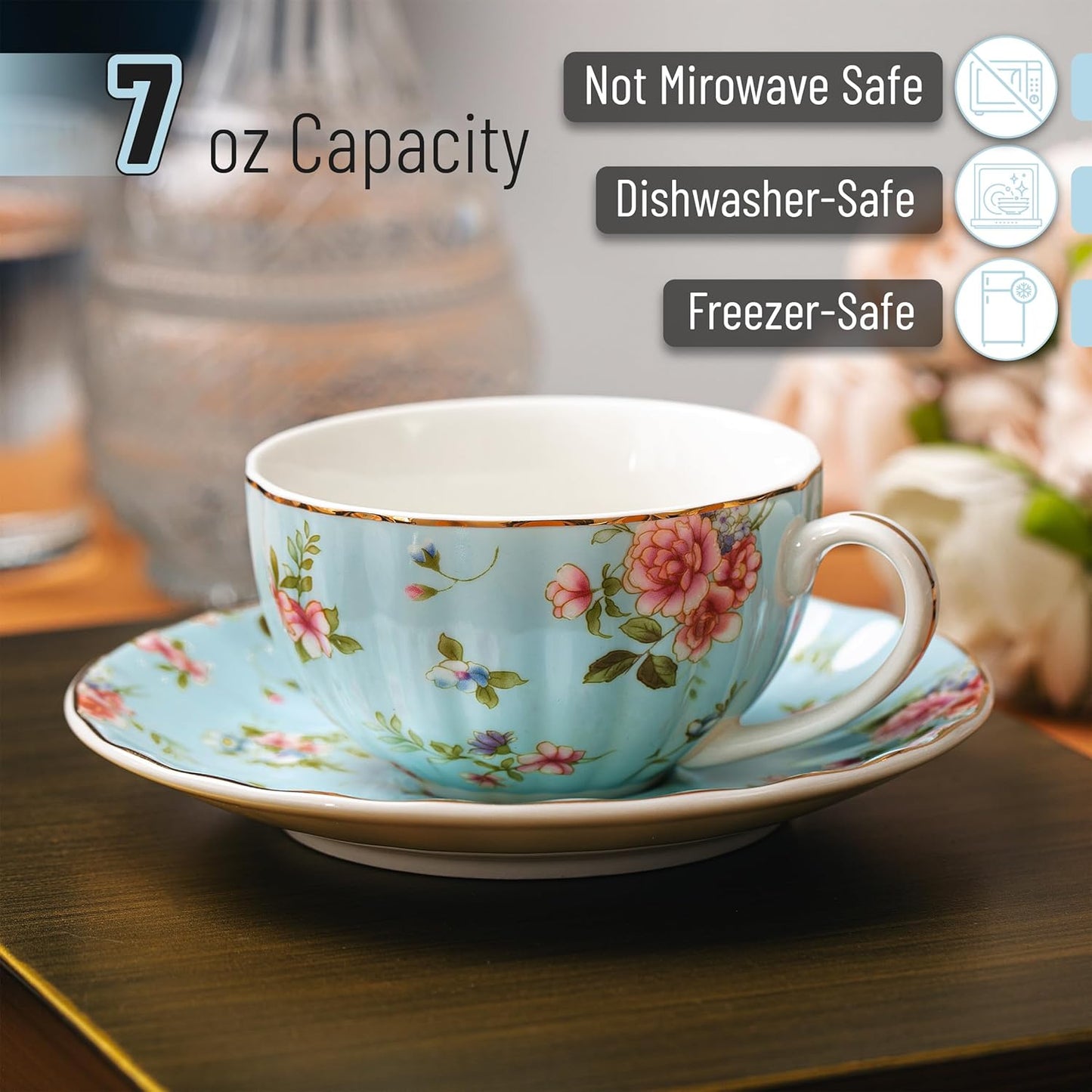 BTaT- Floral Tea Cups and Saucers Set of 6 (7 oz), Porcelain Tea Cups Set of 6, Pastel Bloom Design with Gold Trim, Dishwasher & Freezer Safe