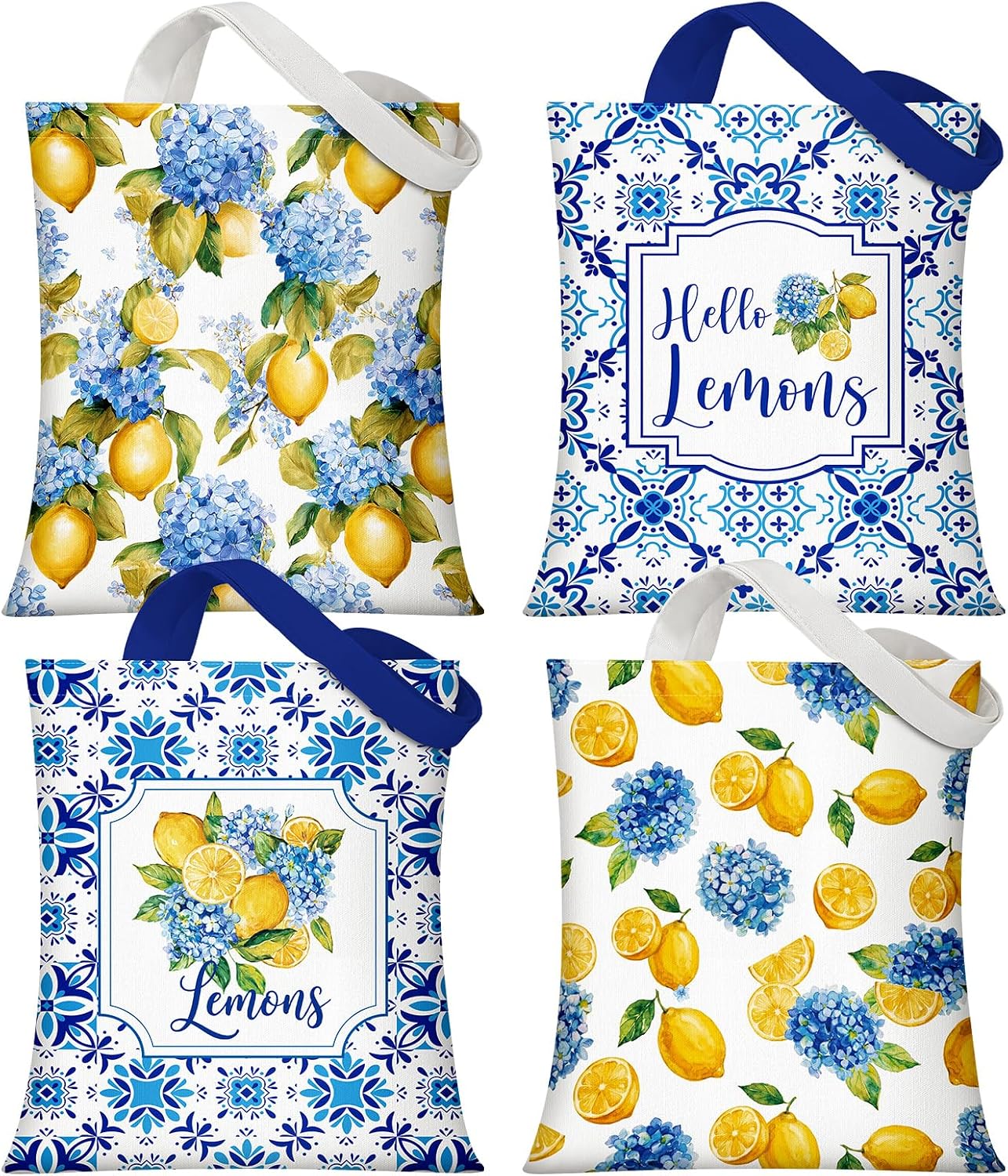4 Pack Lemon Hydrangea Tote Bags Italian Lemon Canvas Bags Travel Summer Mediterranean Farmhouse Decorations Capri Gifts for Women Wedding Baby Shower Birthday Party