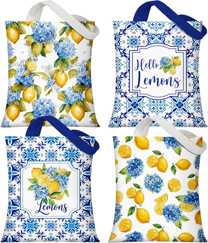 4 Pack Lemon Hydrangea Tote Bags Italian Lemon Canvas Bags Travel Summer Mediterranean Farmhouse Decorations Capri Gifts for Women Wedding Baby Shower Birthday Party
