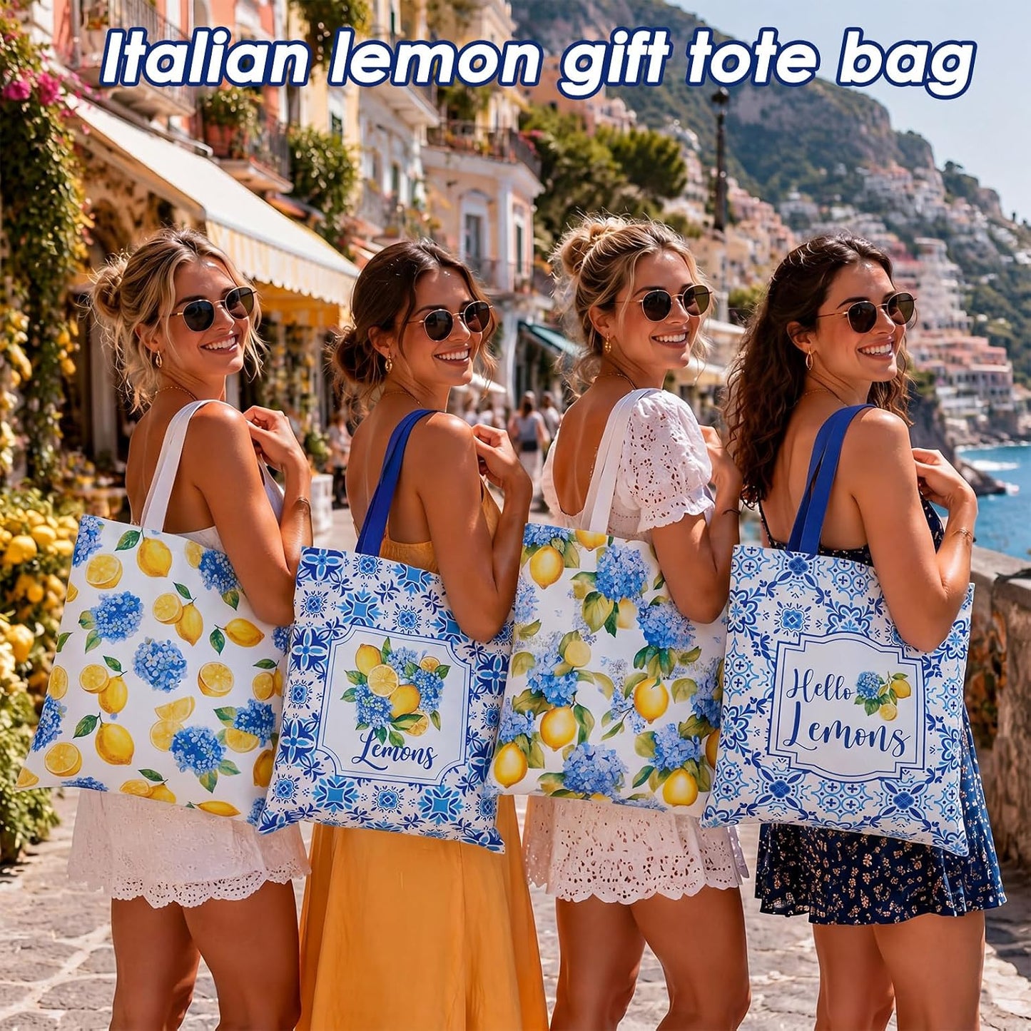 4 Pack Lemon Hydrangea Tote Bags Italian Lemon Canvas Bags Travel Summer Mediterranean Farmhouse Decorations Capri Gifts for Women Wedding Baby Shower Birthday Party