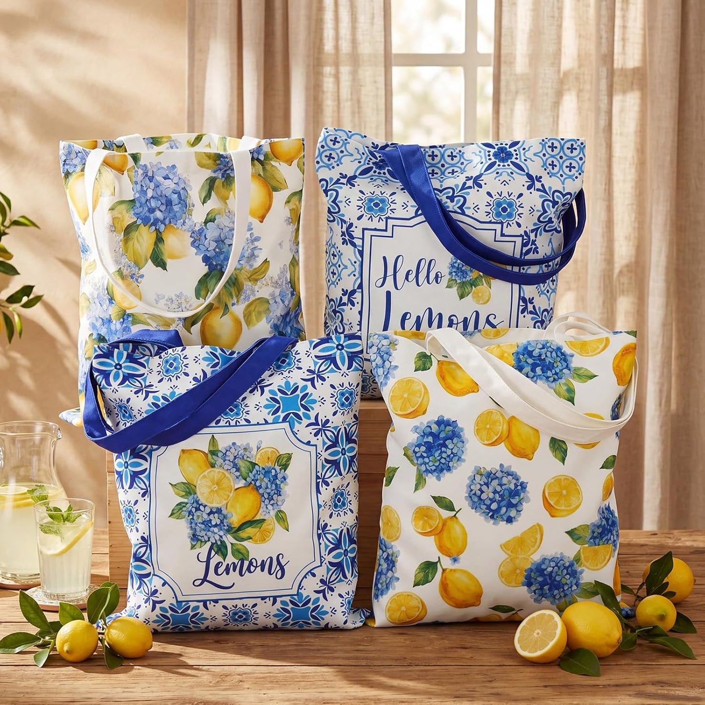 4 Pack Lemon Hydrangea Tote Bags Italian Lemon Canvas Bags Travel Summer Mediterranean Farmhouse Decorations Capri Gifts for Women Wedding Baby Shower Birthday Party
