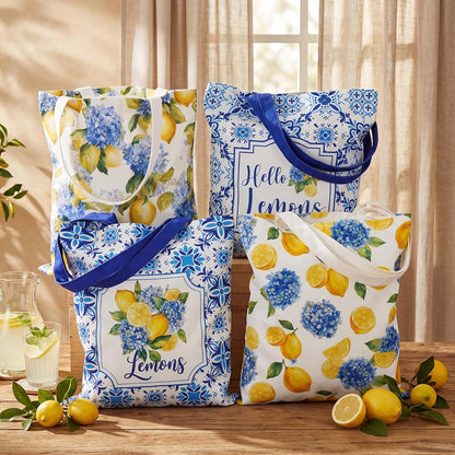 4 Pack Lemon Hydrangea Tote Bags Italian Lemon Canvas Bags Travel Summer Mediterranean Farmhouse Decorations Capri Gifts for Women Wedding Baby Shower Birthday Party
