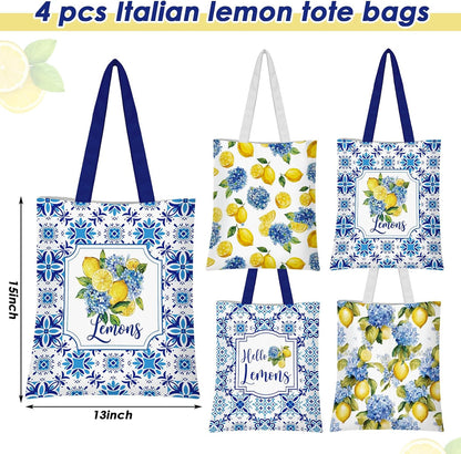 4 Pack Lemon Hydrangea Tote Bags Italian Lemon Canvas Bags Travel Summer Mediterranean Farmhouse Decorations Capri Gifts for Women Wedding Baby Shower Birthday Party