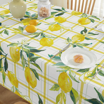 Summer Lemon Tablecloth, Yellow Buffalo Plaid, 52" x 70" | Rectangle, Washable, Water Resistant, Vintage Pattern, Indoor & Outdoor Use
