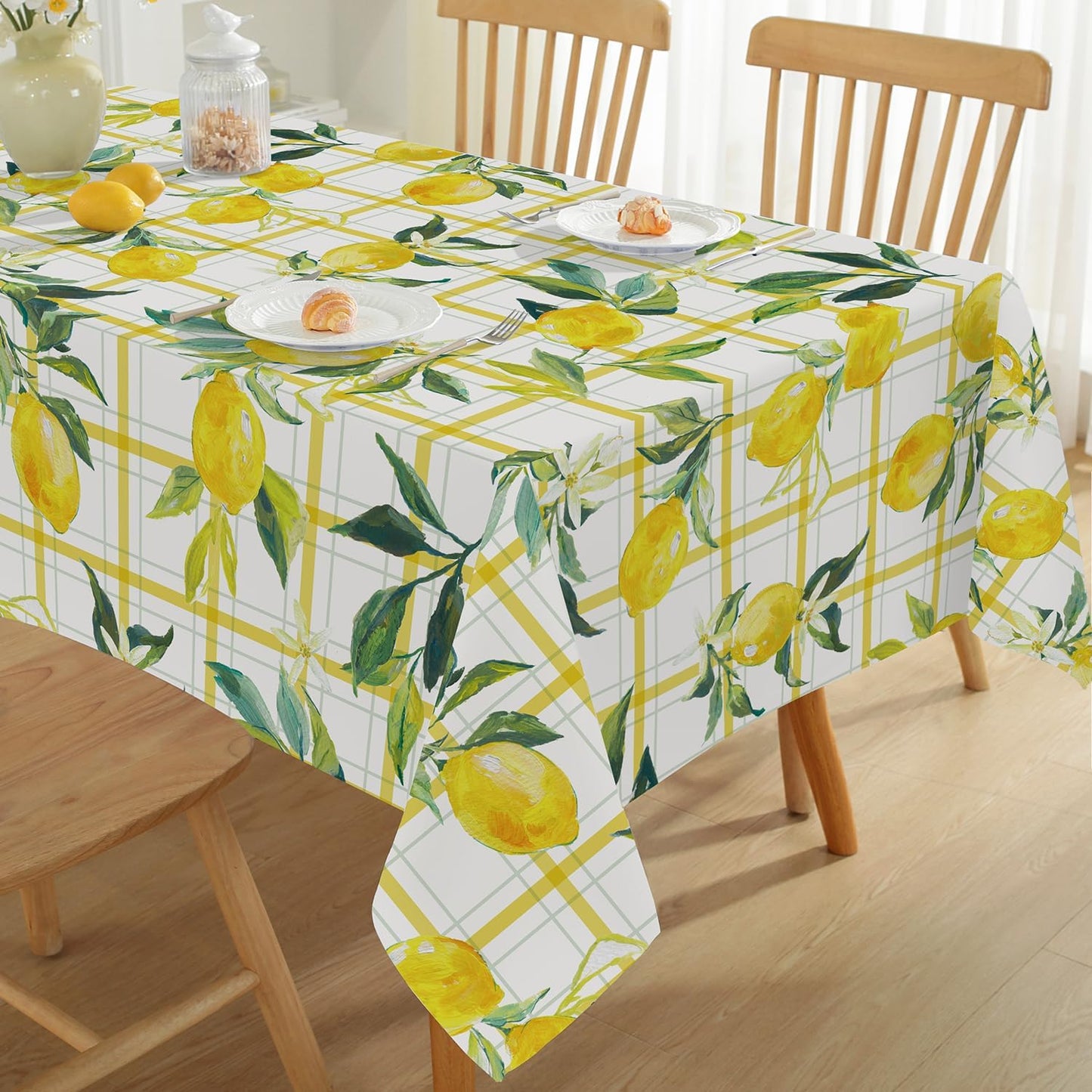 Summer Lemon Tablecloth, Yellow Buffalo Plaid, 52" x 70" | Rectangle, Washable, Water Resistant, Vintage Pattern, Indoor & Outdoor Use