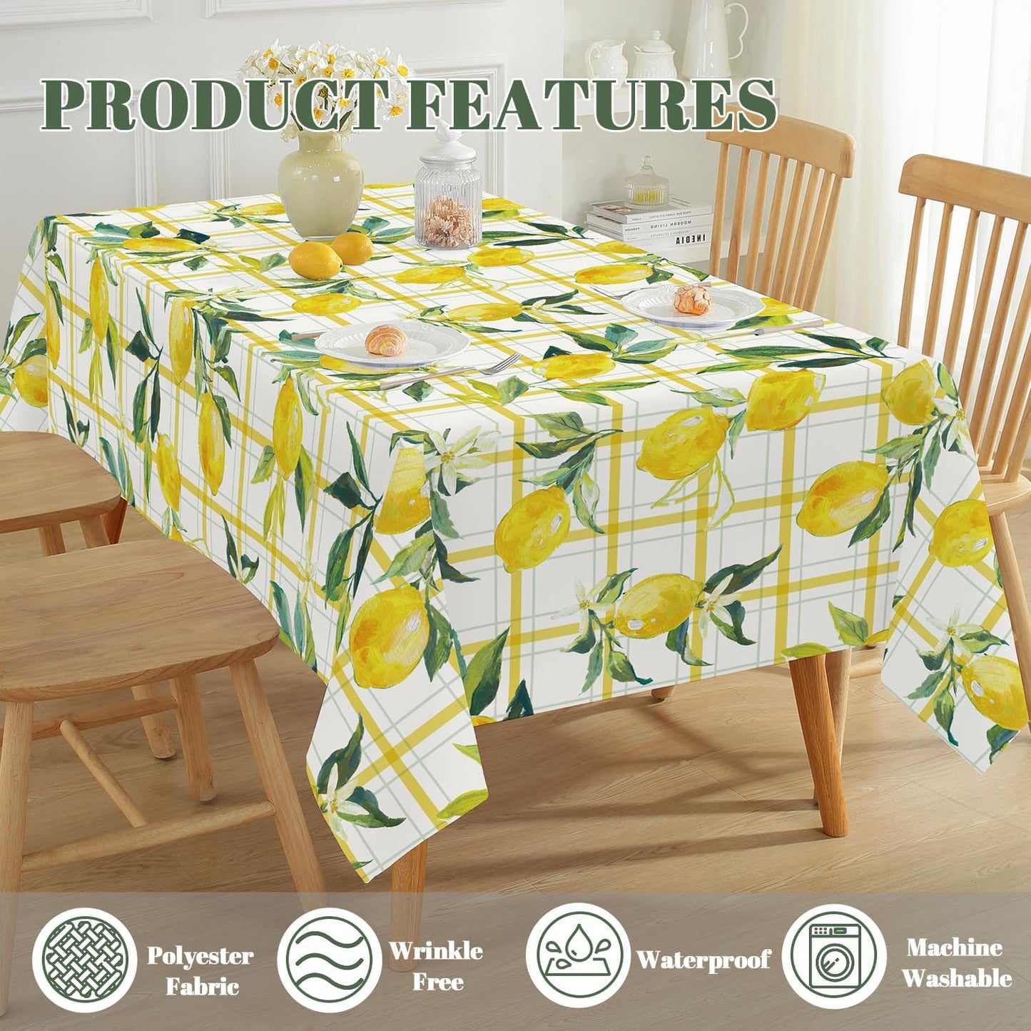 Summer Lemon Tablecloth, Yellow Buffalo Plaid, 52" x 70" | Rectangle, Washable, Water Resistant, Vintage Pattern, Indoor & Outdoor Use