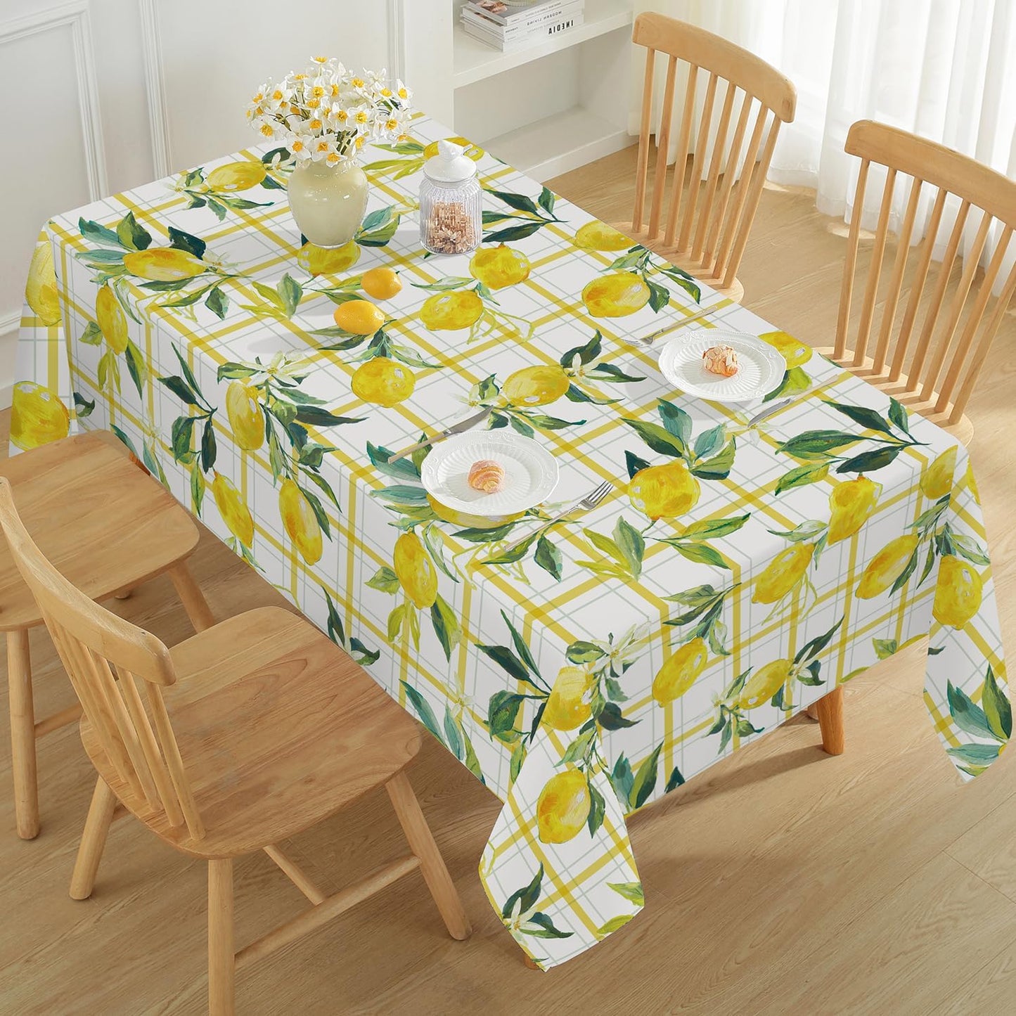 Summer Lemon Tablecloth, Yellow Buffalo Plaid, 52" x 70" | Rectangle, Washable, Water Resistant, Vintage Pattern, Indoor & Outdoor Use