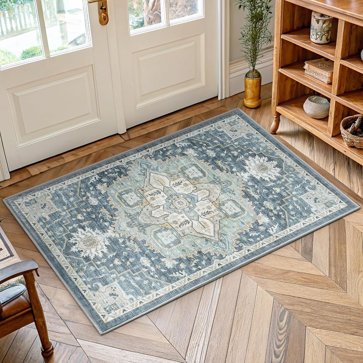 2x3 Washable Area Rug, Low-Profile Entryway Rug with Non-Slip Backing & Durable Edge Binding, Vintage Rug Pattern, Small Rugs for Entryway, Kitchen & Living Room
