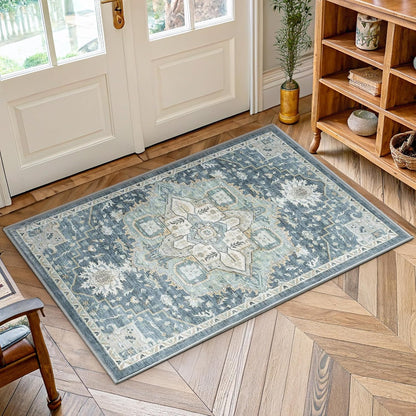 2x3 Washable Area Rug, Low-Profile Entryway Rug with Non-Slip Backing & Durable Edge Binding, Vintage Rug Pattern, Small Rugs for Entryway, Kitchen & Living Room