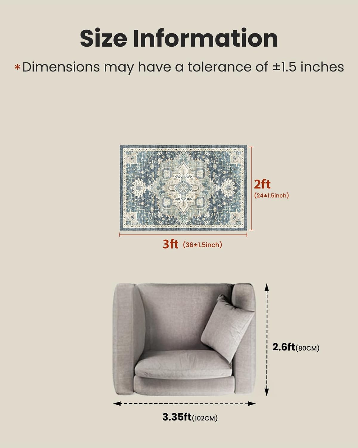 2x3 Washable Area Rug, Low-Profile Entryway Rug with Non-Slip Backing & Durable Edge Binding, Vintage Rug Pattern, Small Rugs for Entryway, Kitchen & Living Room
