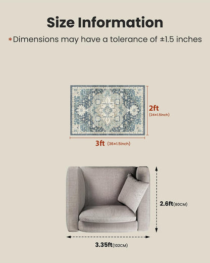 2x3 Washable Area Rug, Low-Profile Entryway Rug with Non-Slip Backing & Durable Edge Binding, Vintage Rug Pattern, Small Rugs for Entryway, Kitchen & Living Room