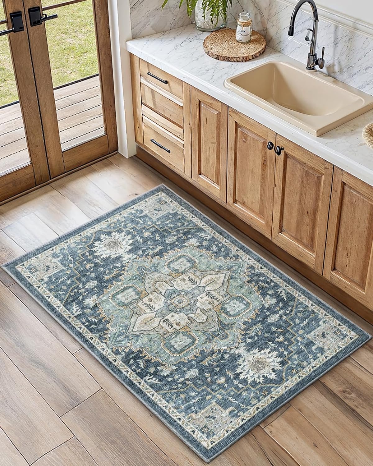 2x3 Washable Area Rug, Low-Profile Entryway Rug with Non-Slip Backing & Durable Edge Binding, Vintage Rug Pattern, Small Rugs for Entryway, Kitchen & Living Room