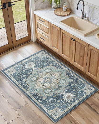 2x3 Washable Area Rug, Low-Profile Entryway Rug with Non-Slip Backing & Durable Edge Binding, Vintage Rug Pattern, Small Rugs for Entryway, Kitchen & Living Room