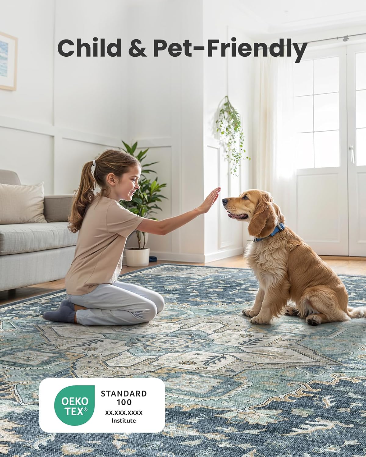 2x3 Washable Area Rug, Low-Profile Entryway Rug with Non-Slip Backing & Durable Edge Binding, Vintage Rug Pattern, Small Rugs for Entryway, Kitchen & Living Room