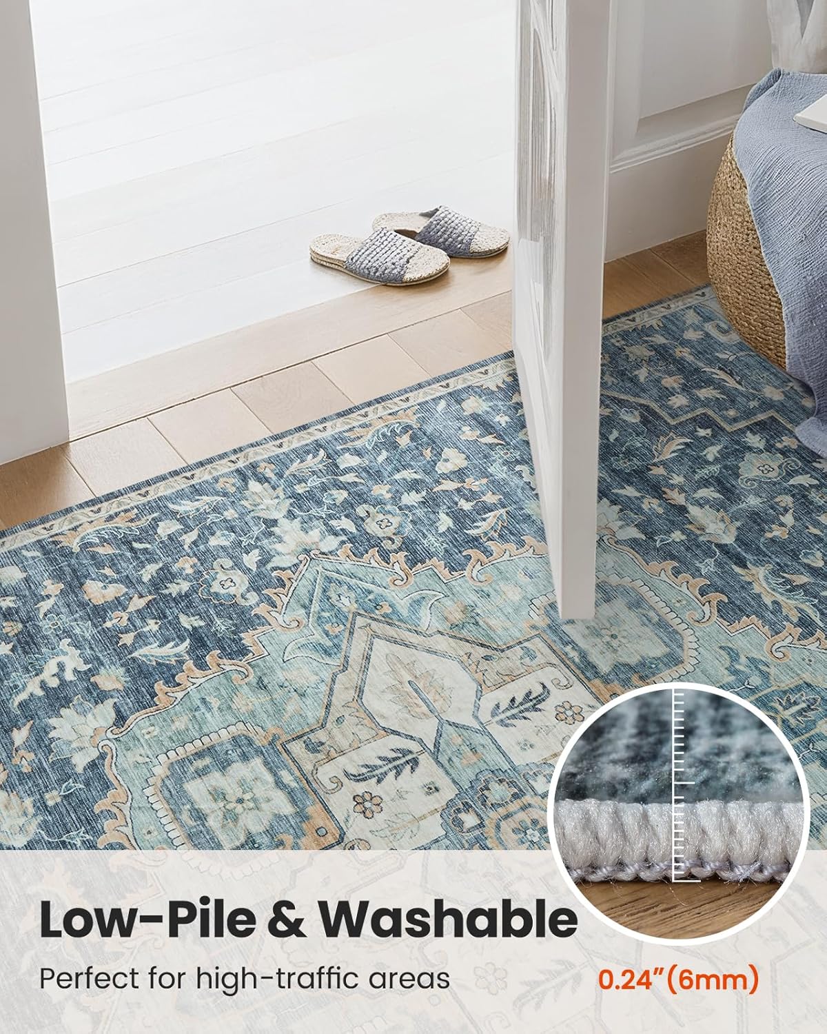 2x3 Washable Area Rug, Low-Profile Entryway Rug with Non-Slip Backing & Durable Edge Binding, Vintage Rug Pattern, Small Rugs for Entryway, Kitchen & Living Room