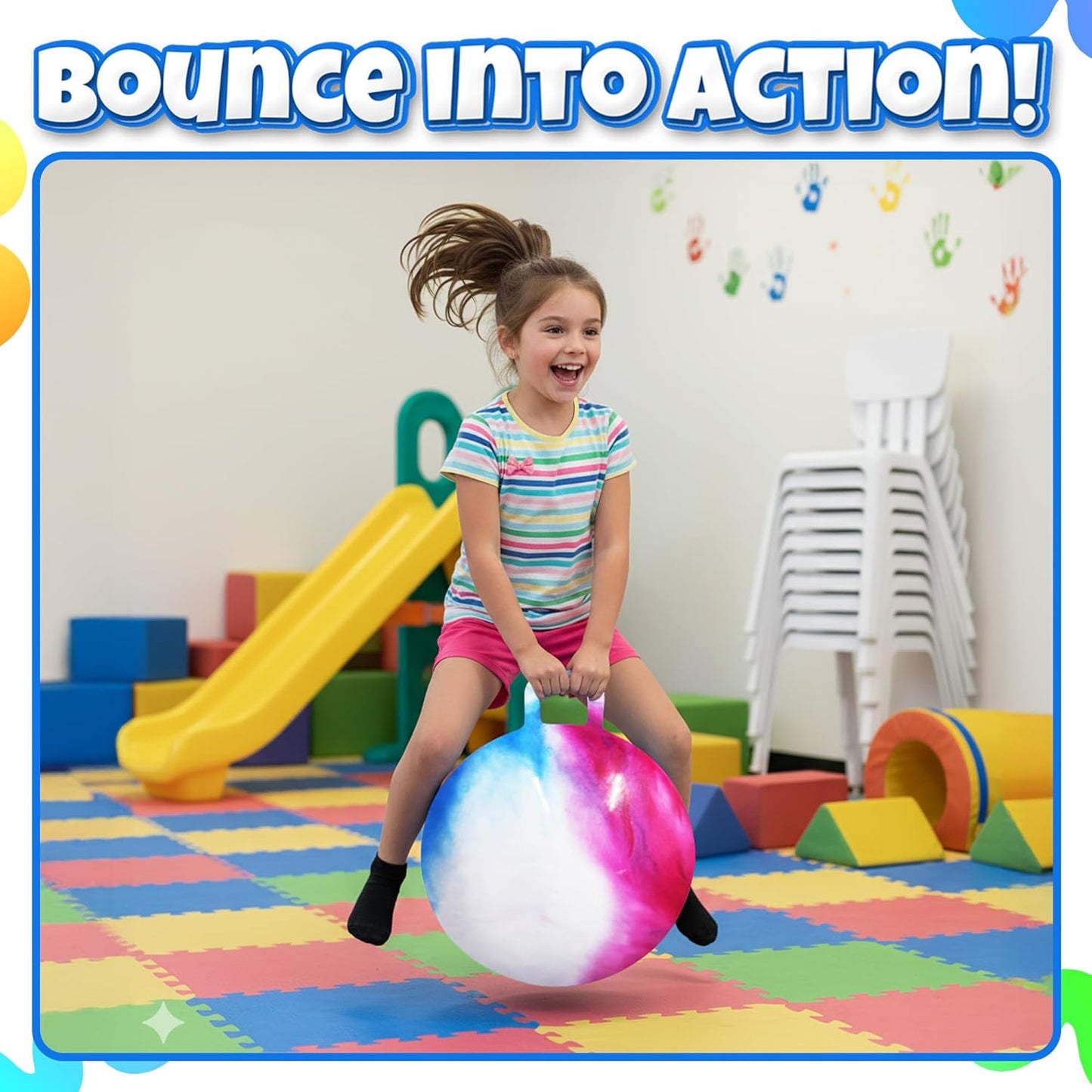 20 Inch Hopper Ball with Handle for Kids (50cm) Hippity Hop Jumping Ball | Marble Green & Yellow Bouncy Ball with Hand Pump for Sit & Spin, Active Play, Balance, Exercise & Outdoor Fun