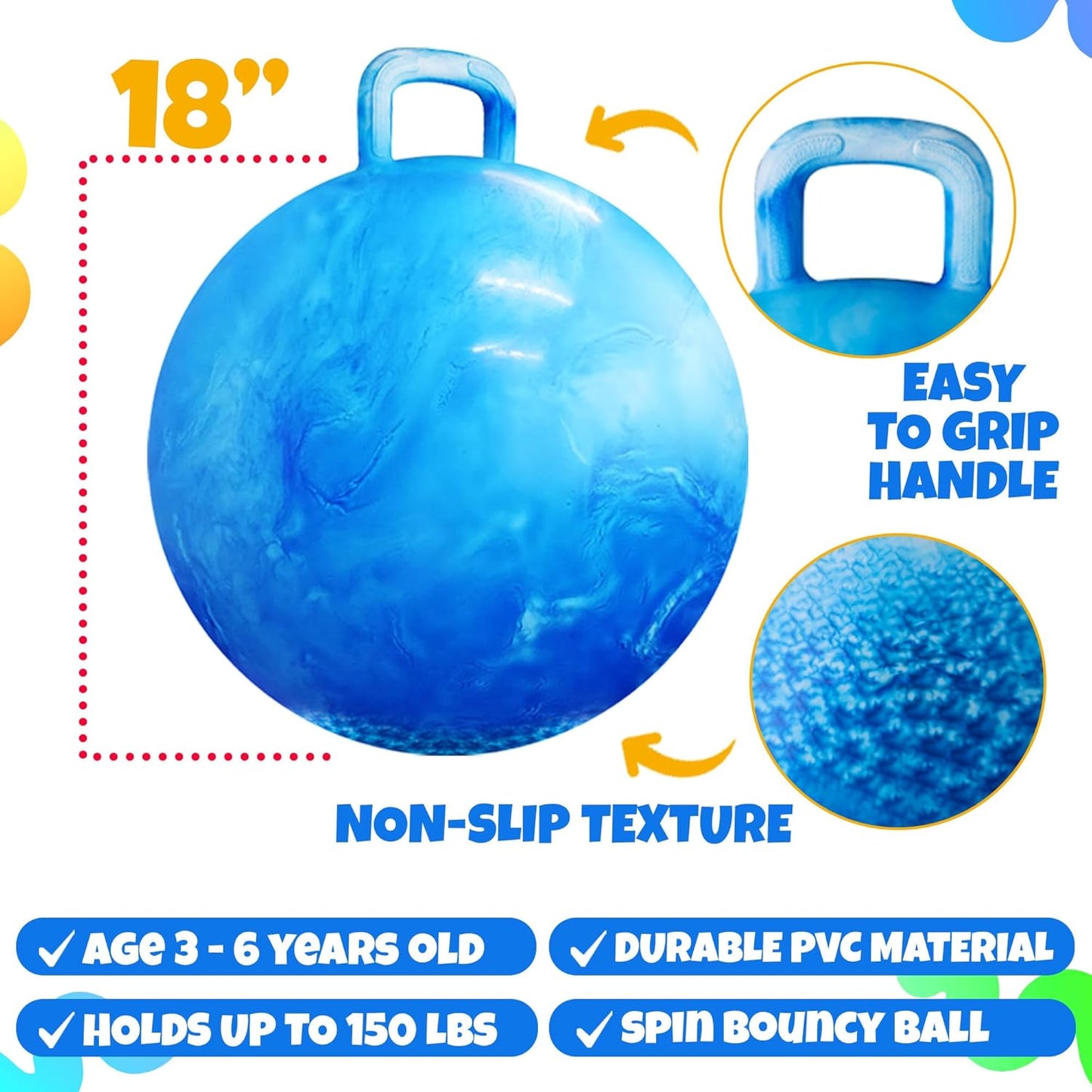 20 Inch Hopper Ball with Handle for Kids (50cm) Hippity Hop Jumping Ball | Marble Green & Yellow Bouncy Ball with Hand Pump for Sit & Spin, Active Play, Balance, Exercise & Outdoor Fun