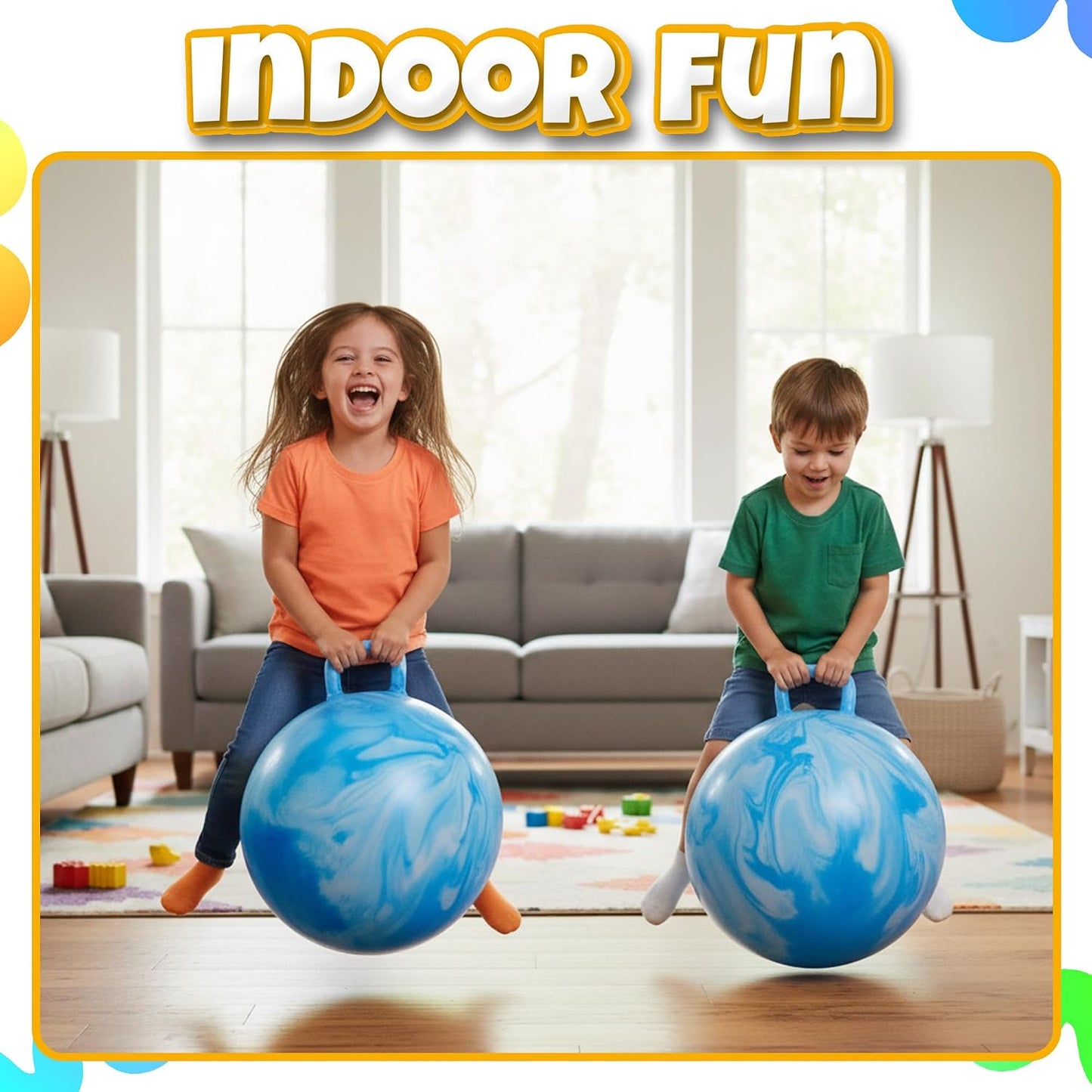 20 Inch Hopper Ball with Handle for Kids (50cm) Hippity Hop Jumping Ball | Marble Green & Yellow Bouncy Ball with Hand Pump for Sit & Spin, Active Play, Balance, Exercise & Outdoor Fun