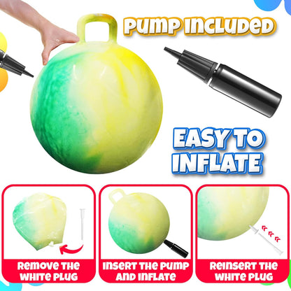 20 Inch Hopper Ball with Handle for Kids (50cm) Hippity Hop Jumping Ball | Marble Green & Yellow Bouncy Ball with Hand Pump for Sit & Spin, Active Play, Balance, Exercise & Outdoor Fun